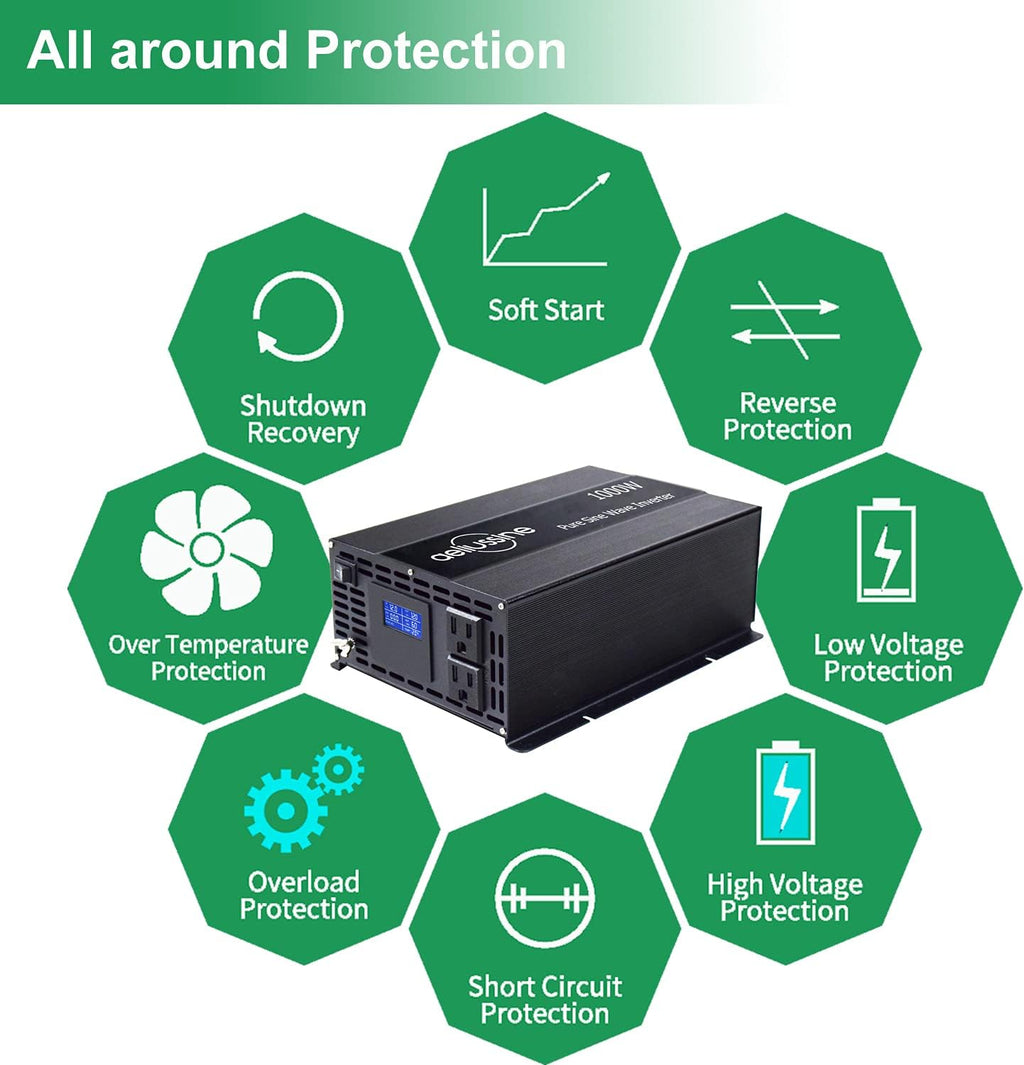 1000w Pure Sine Wave Power Inverter 48v DC to AC 110v 120v with 2 US Socket, LCD Display and Earth Terminal K7637