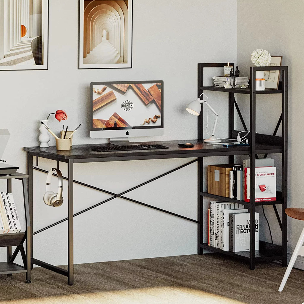 55" Computer Desk with Power Outlet and Storage Shelves U322