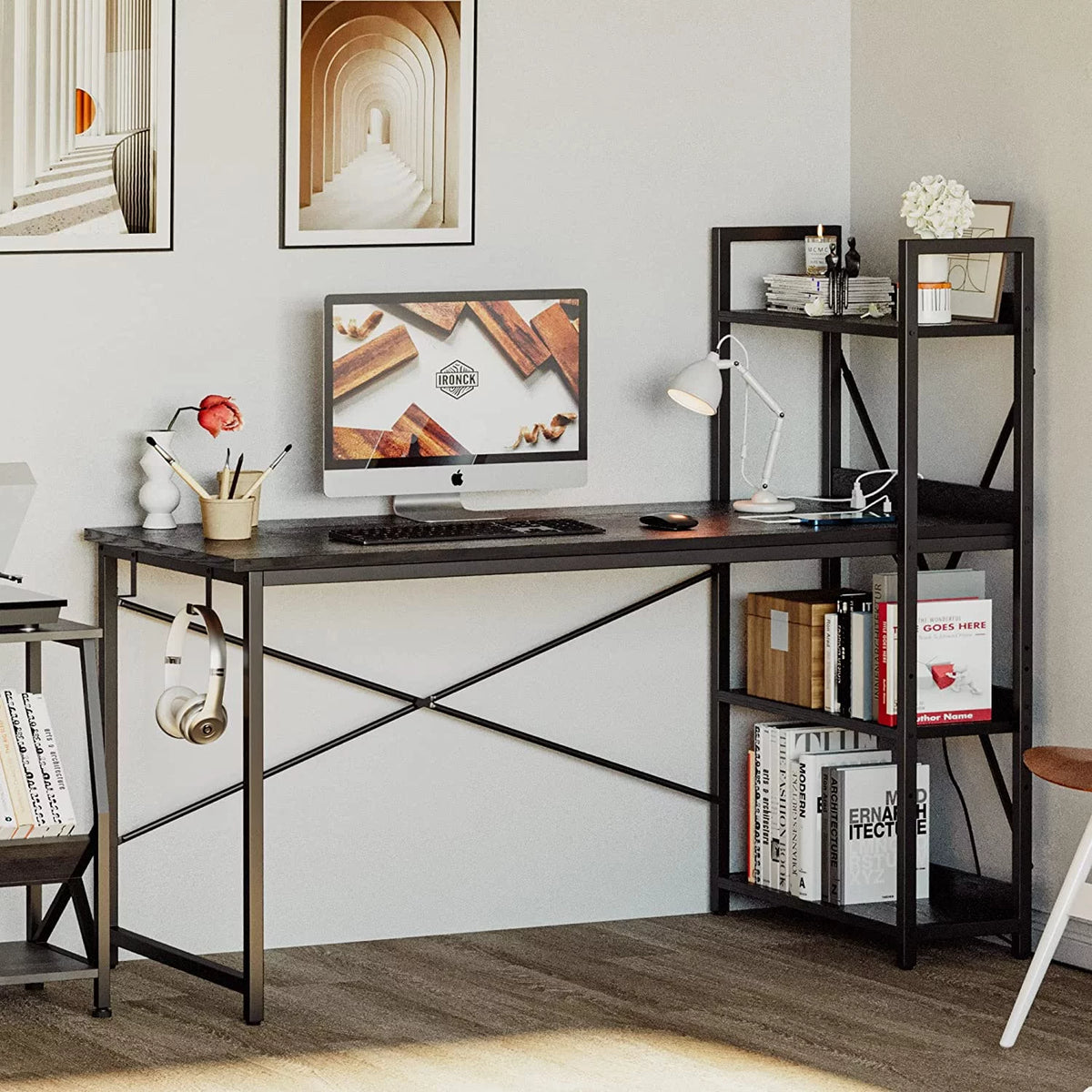 55" Computer Desk with Power Outlet and Storage Shelves U322