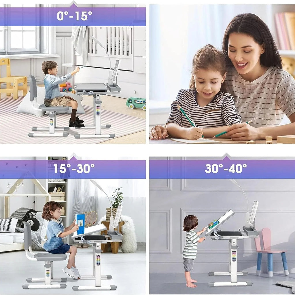 Kids Desk and Chair Set with Light, Height Adjustable Tiltable Desk W802244