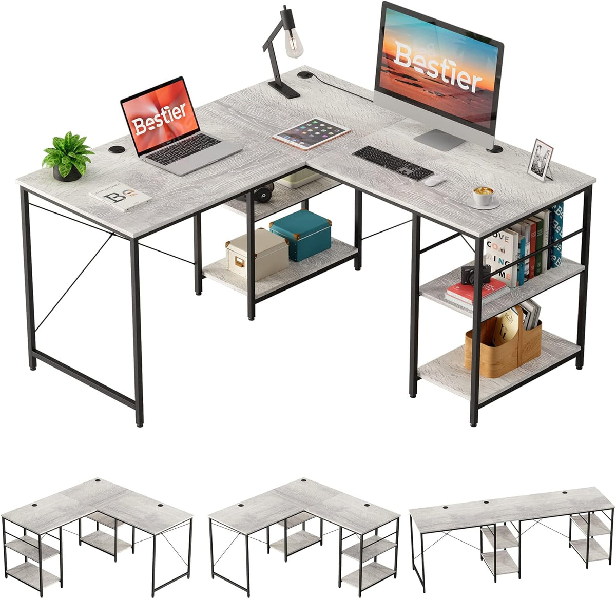 Rustic Brown L Shaped Desk with Shelves X31082