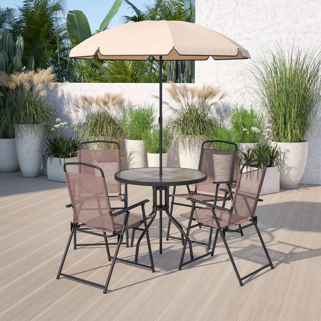 6-Piece Patio Set with Glass Table, Umbrella, and 4 Folding Chairs, Black Q75328
