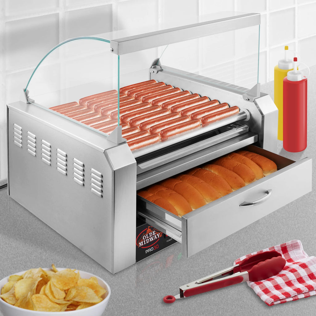 Electric Hot Dog Roller Machine with Cover, 11 Rollers, Bun Warming Drawer E257418