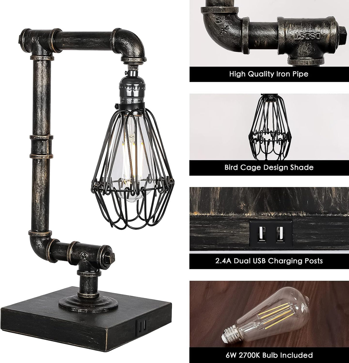 Industrial Touch Control Dimmable Table Lamp with USB Ports G5649