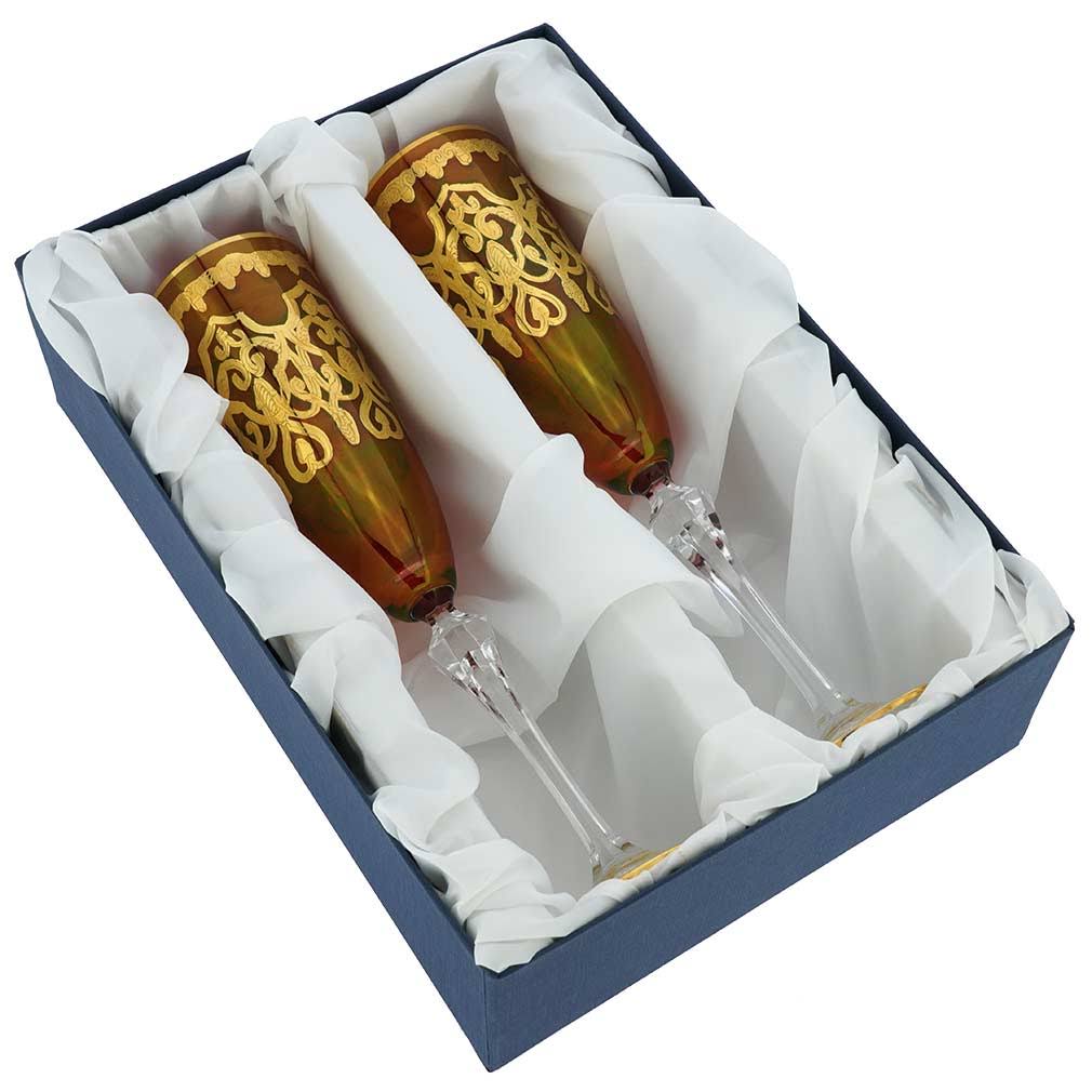 Set of Two Murano Glass Champagne Flutes 24K Gold Leaf Red D831