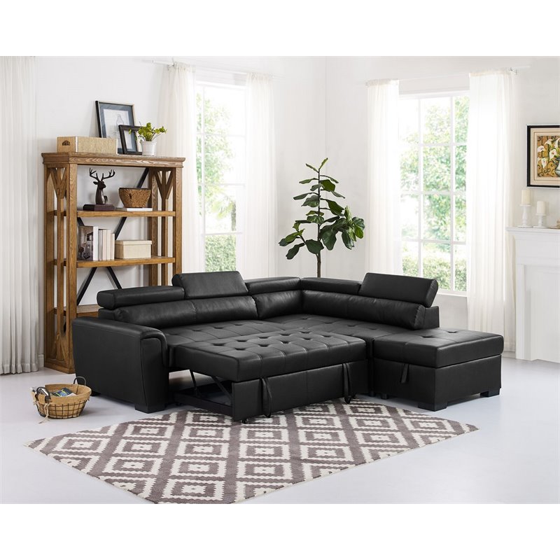 Black Faux Leather Sleeper Sofa with Storage Ottoman A1911