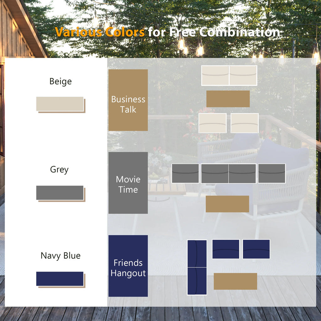 4 Piece Navy Blue Outdoor Woven Rope Sofa Set with Acacia Wood Table Q6367