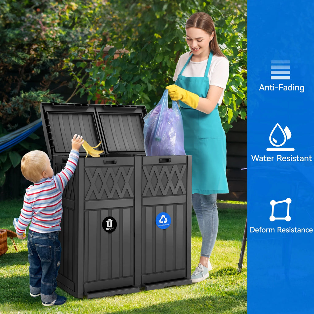 62-Gallon Outdoor Resin Trash Bins, Garbage Dual Can with Tiered Lid and Drip Tray, Black O772