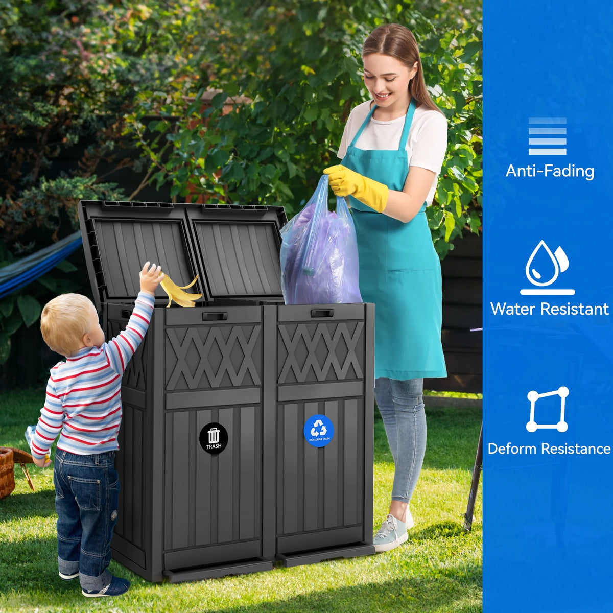 62-Gallon Outdoor Resin Trash Bins, Garbage Dual Can with Tiered Lid and Drip Tray, Black O772