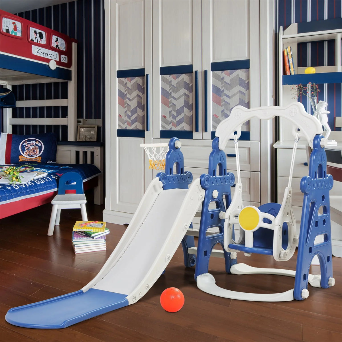 3 in 1 Kids Slide and Swing Set with Basketball Hoops I875801