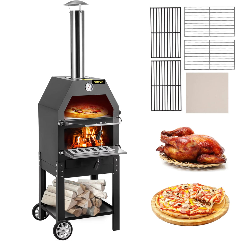 12 Wood Fire Outdoor Pizza Oven with 2 Removable Wheels U9858