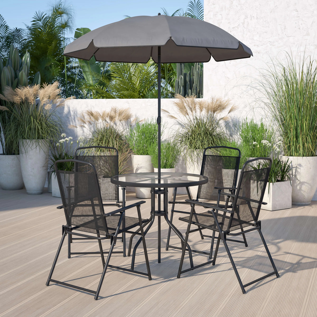 6-Piece Patio Set with Glass Table, Umbrella, and 4 Folding Chairs, Black Q75328