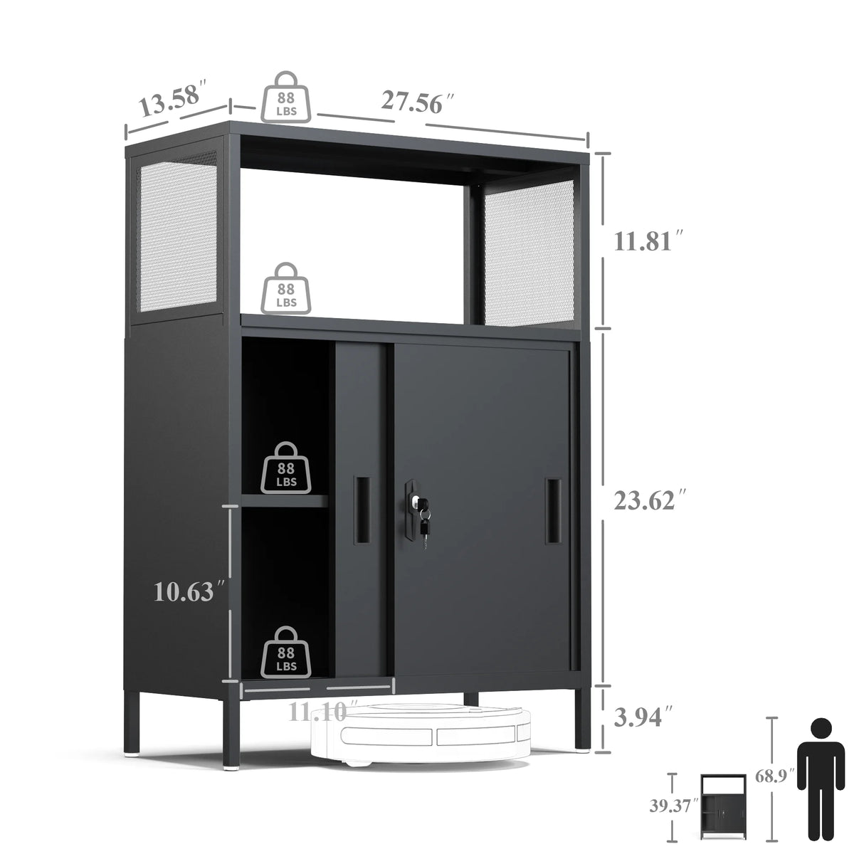 Metal Storage Cabinet with Sliding Doors and Adjustable Shelf, Black Q4377