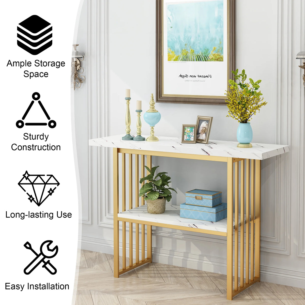 Gold 42-Inch Faux Marble Entryway Table X767