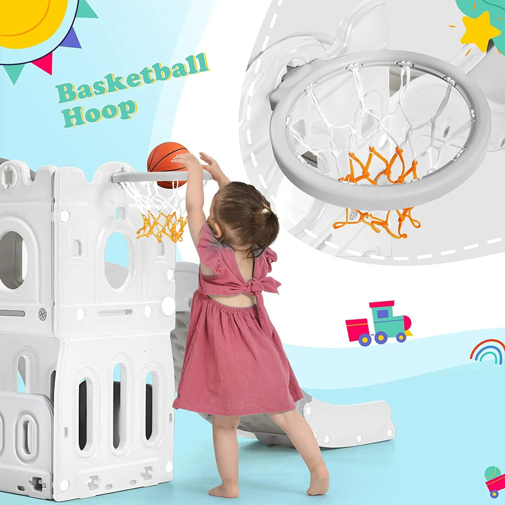 Kids 6-in-1 Slide with Climber, Basketball Hoop, Tunnel and Storage Space, HDPE, Blue S702798