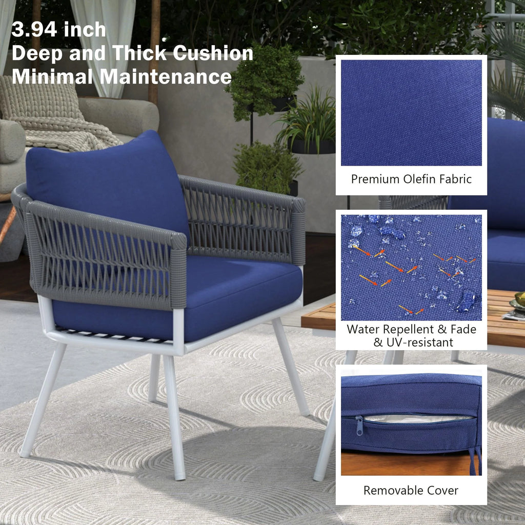 4 Piece Navy Blue Outdoor Woven Rope Sofa Set with Acacia Wood Table Q6367