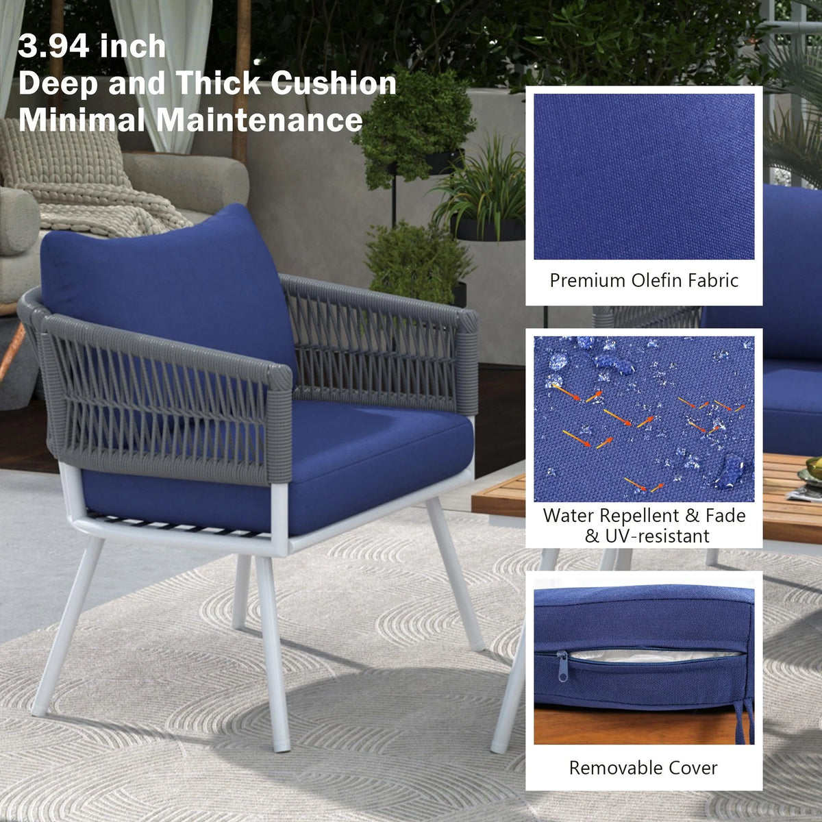 4 Piece Navy Blue Outdoor Woven Rope Sofa Set with Acacia Wood Table Q6367