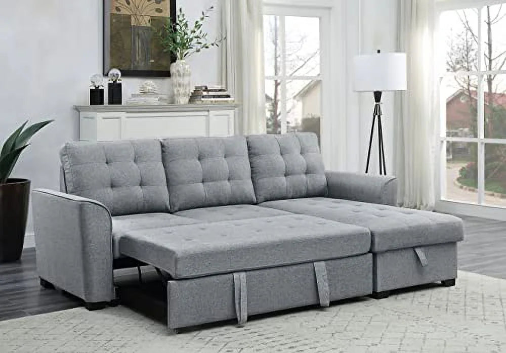 Light Gray Linen Sleeper Sectional Sofa with Storage Chaise D523605