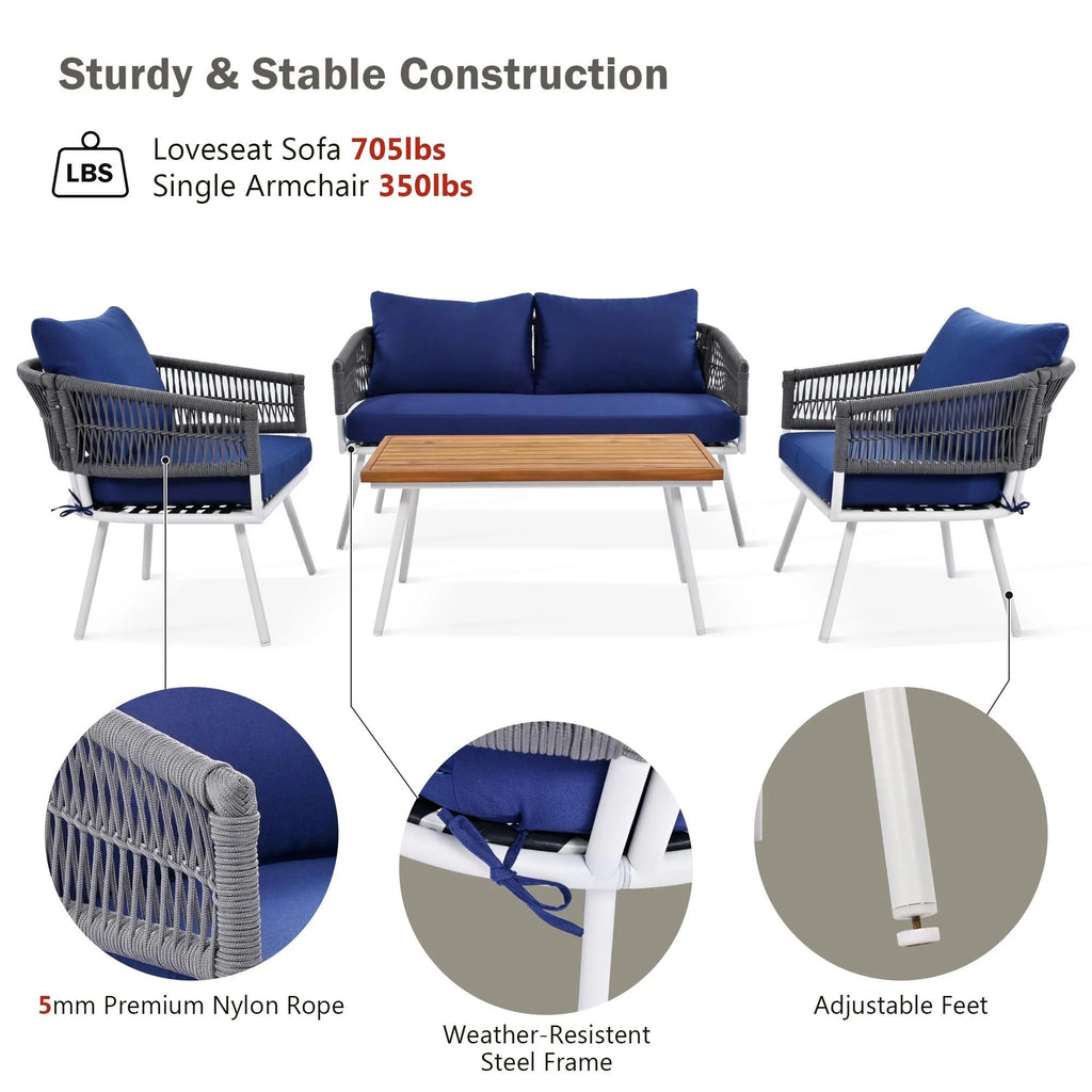 4 Piece Navy Blue Outdoor Woven Rope Sofa Set with Acacia Wood Table Q6367