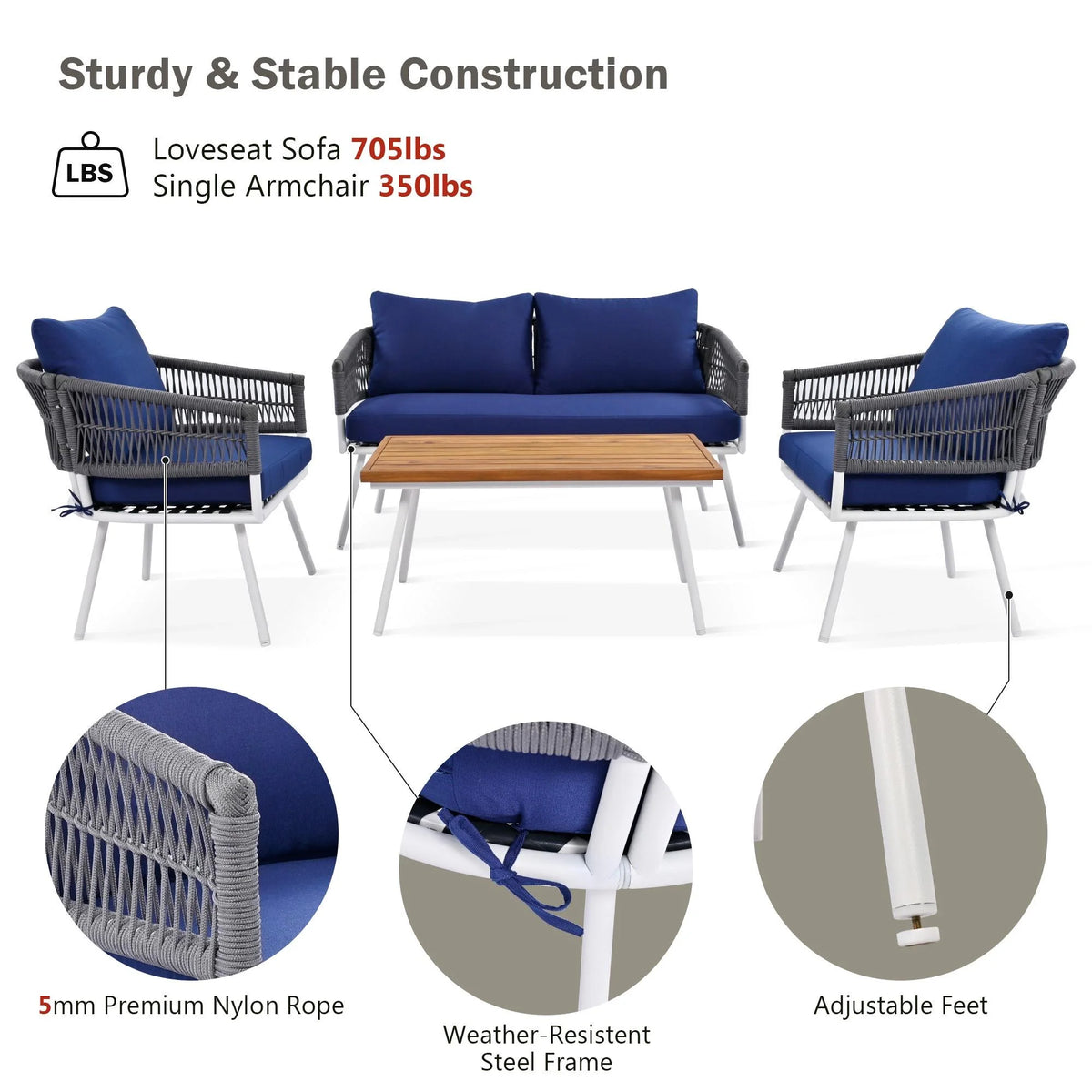 4 Piece Navy Blue Outdoor Woven Rope Sofa Set with Acacia Wood Table Q6367