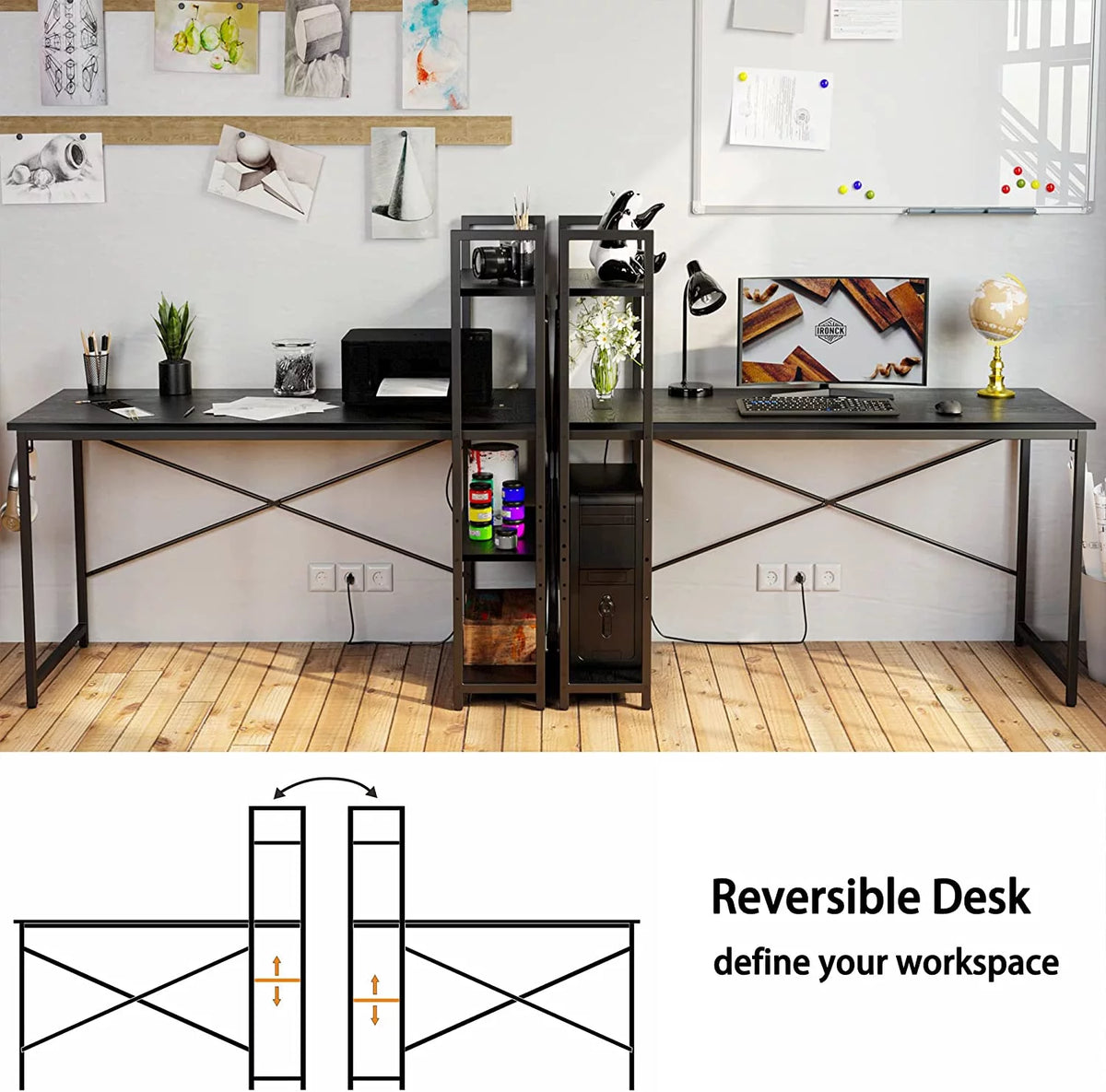55" Computer Desk with Power Outlet and Storage Shelves U322