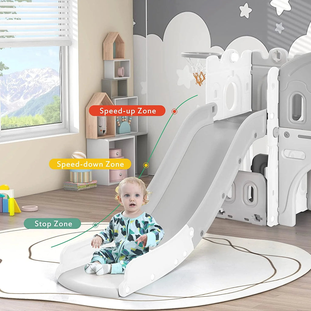 Kids 6-in-1 Slide with Climber, Basketball Hoop, Tunnel and Storage Space, HDPE, Blue S702798