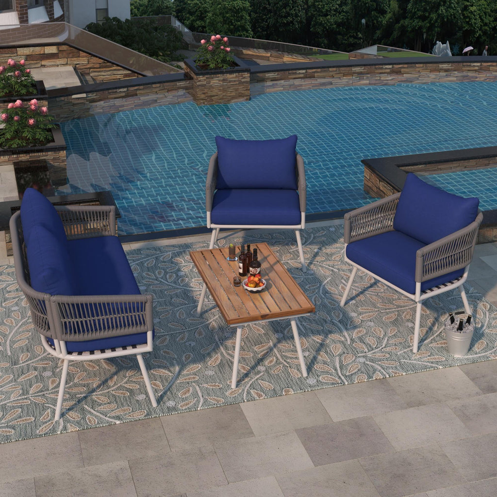 4 Piece Navy Blue Outdoor Woven Rope Sofa Set with Acacia Wood Table Q6367