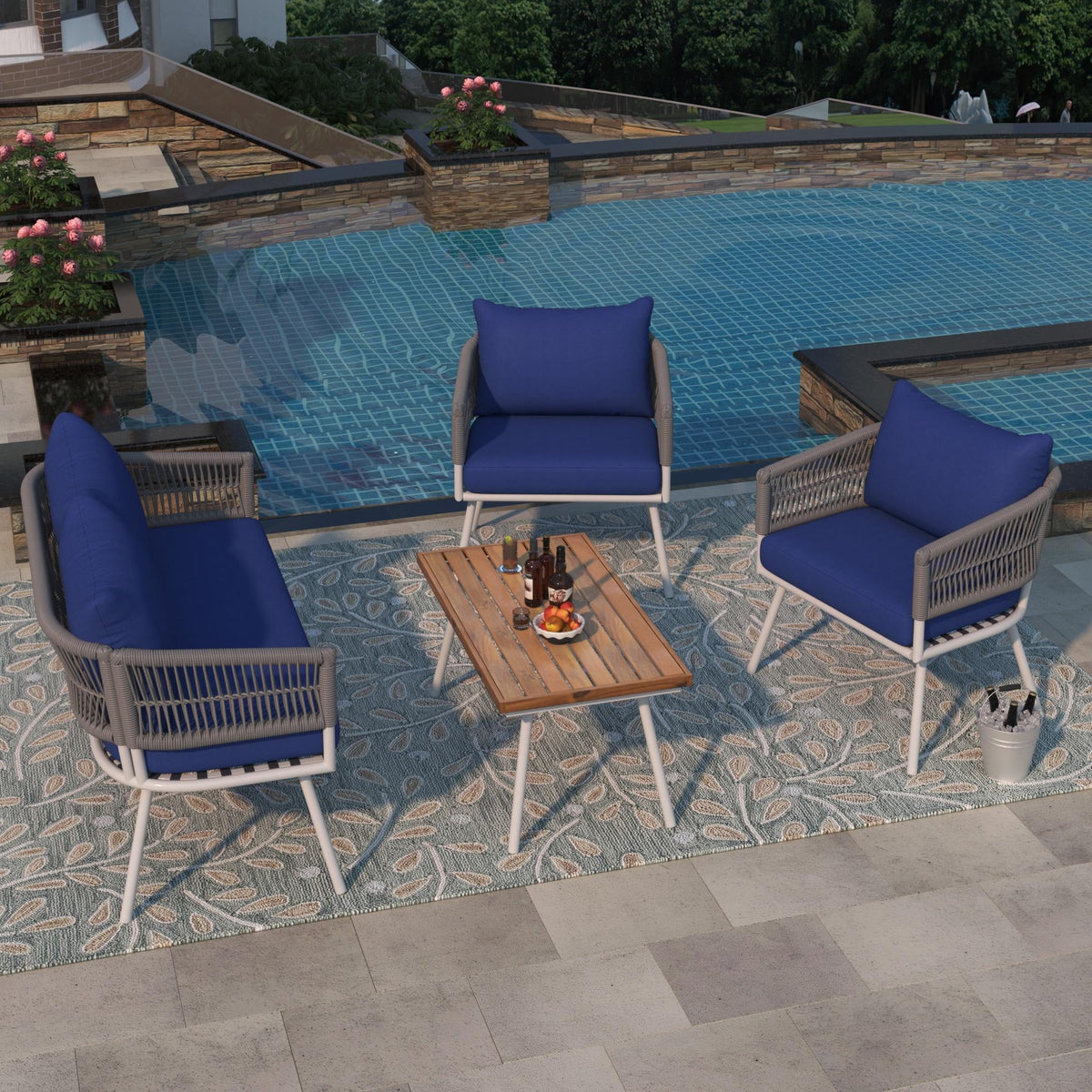 4 Piece Navy Blue Outdoor Woven Rope Sofa Set with Acacia Wood Table Q6367