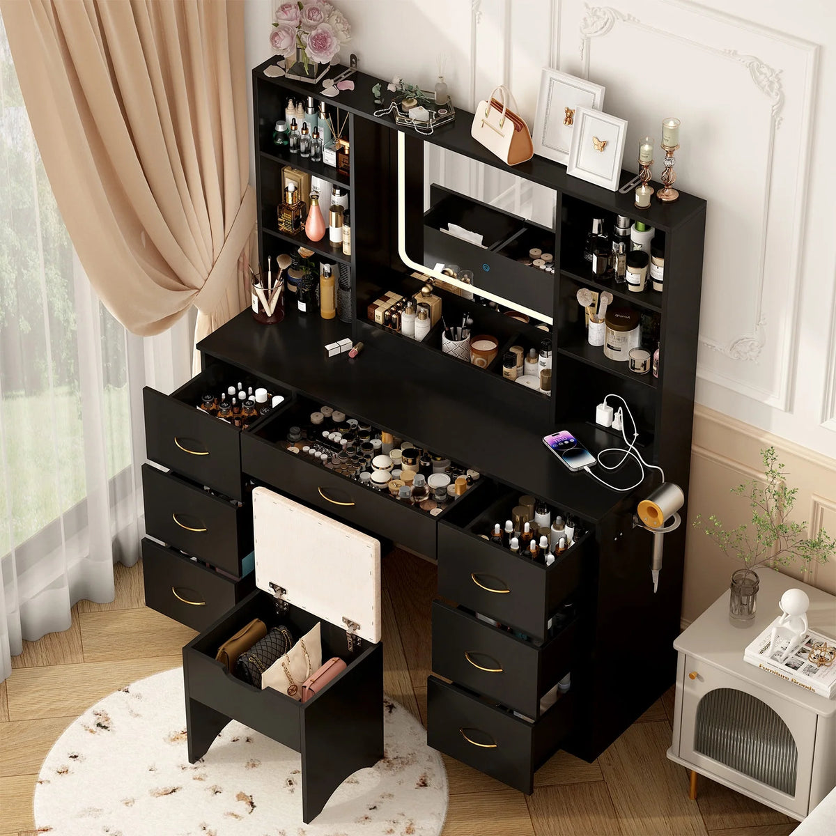 47" Black Vanity Desk with LED Lighted Mirror and 7 Drawers I582