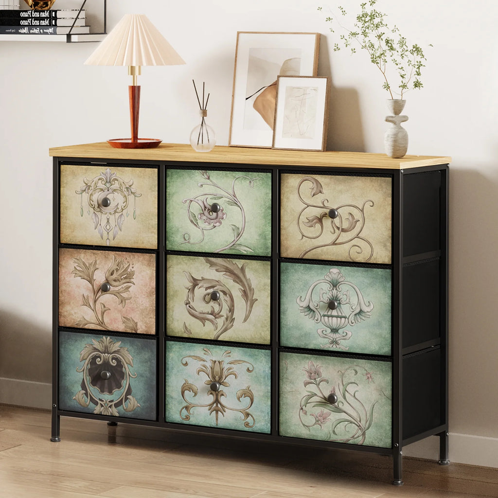 9 Drawer Dresser with Steel Frame Wooden Top K50834