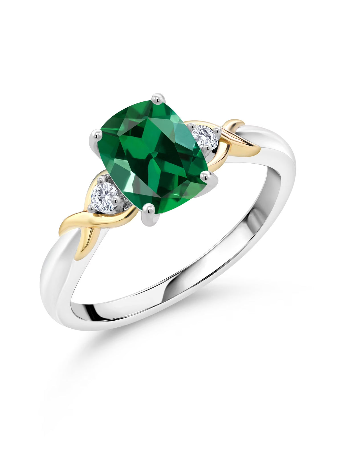 2 Tone 10K Yellow Gold and 925 Sterling Silver Green Created Emerald and White Lab Grown Diamond Engagement Ring T6289