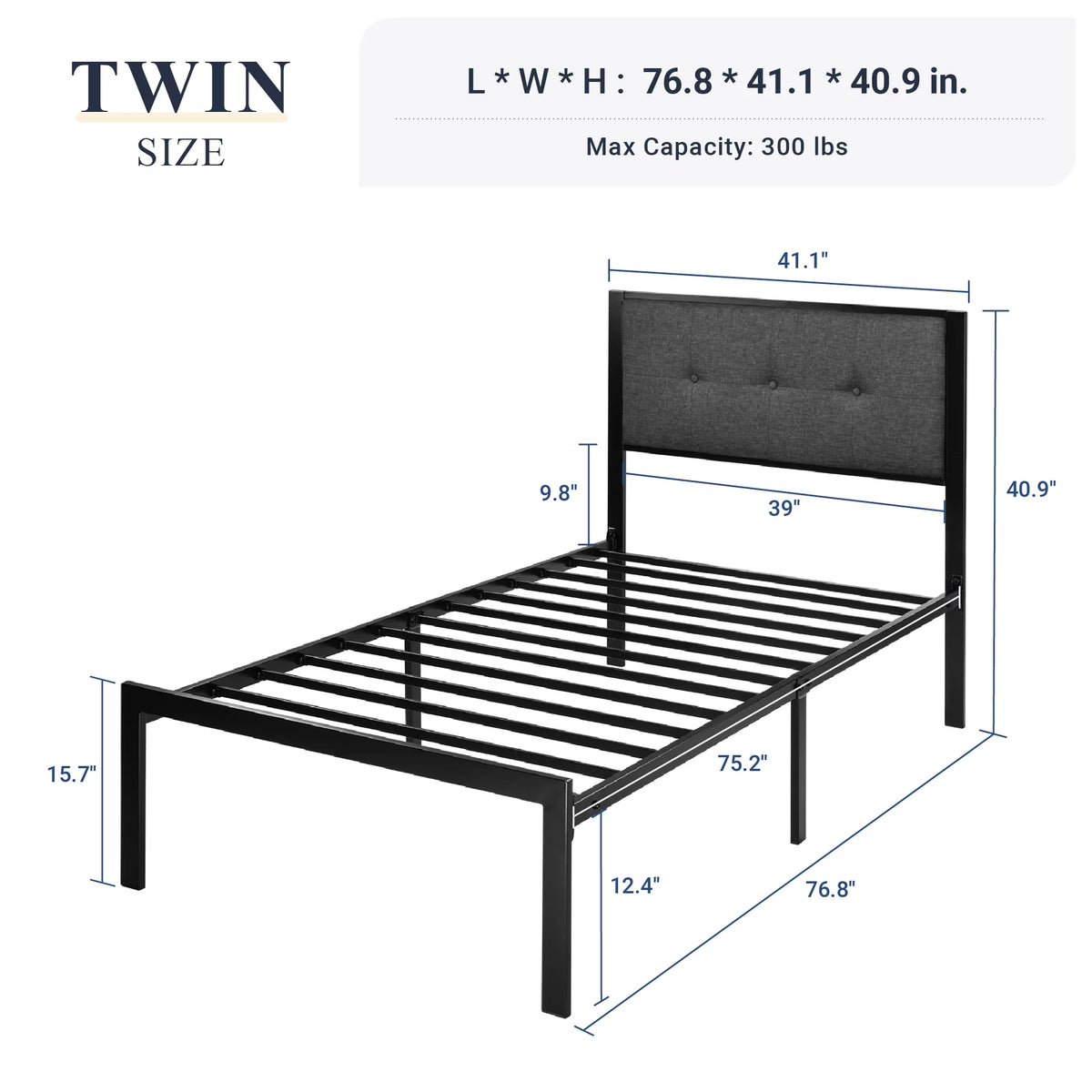 Twin Metal Platform Bed with Fabric Tufted Headboard and Under-Bed Storage K28467