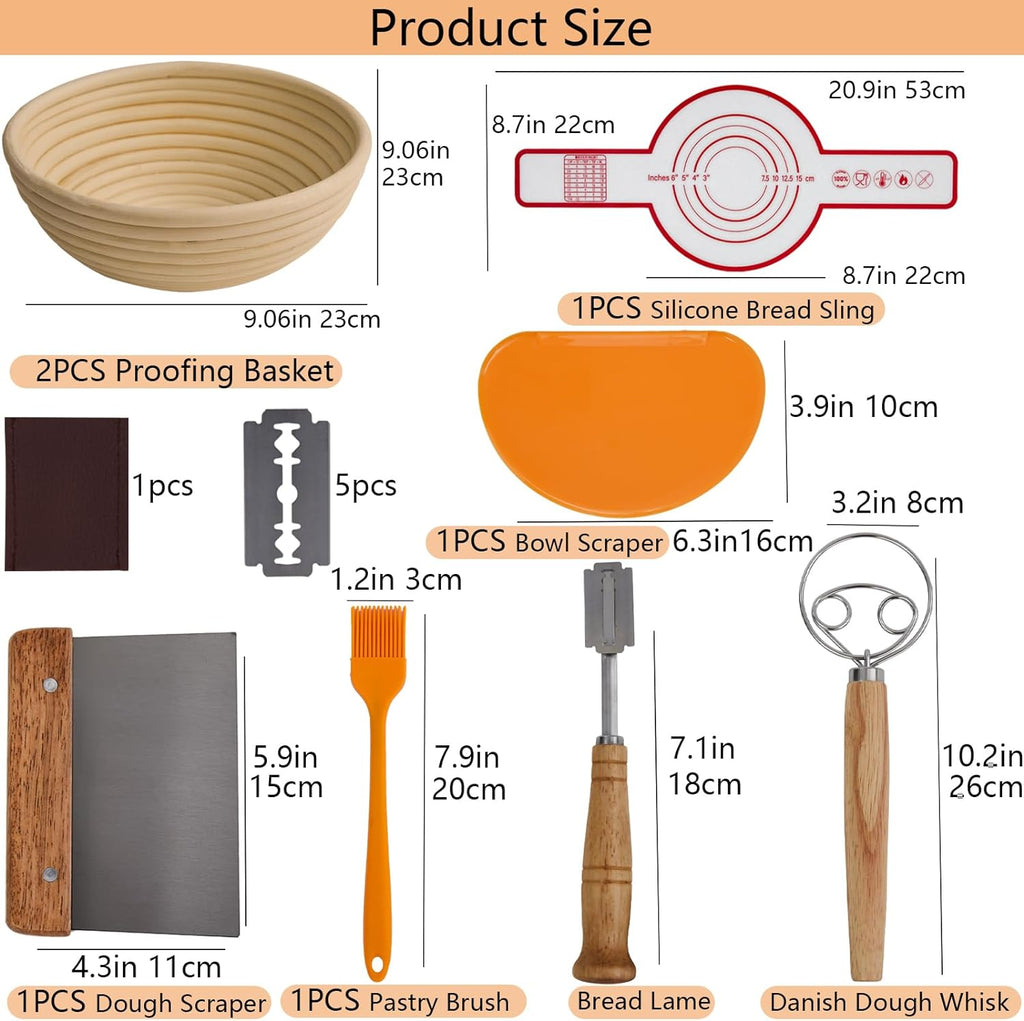 16PCS Bread Proofing Basket Kit with Linen Liner, Dough Scraper, Bread Lame G305171