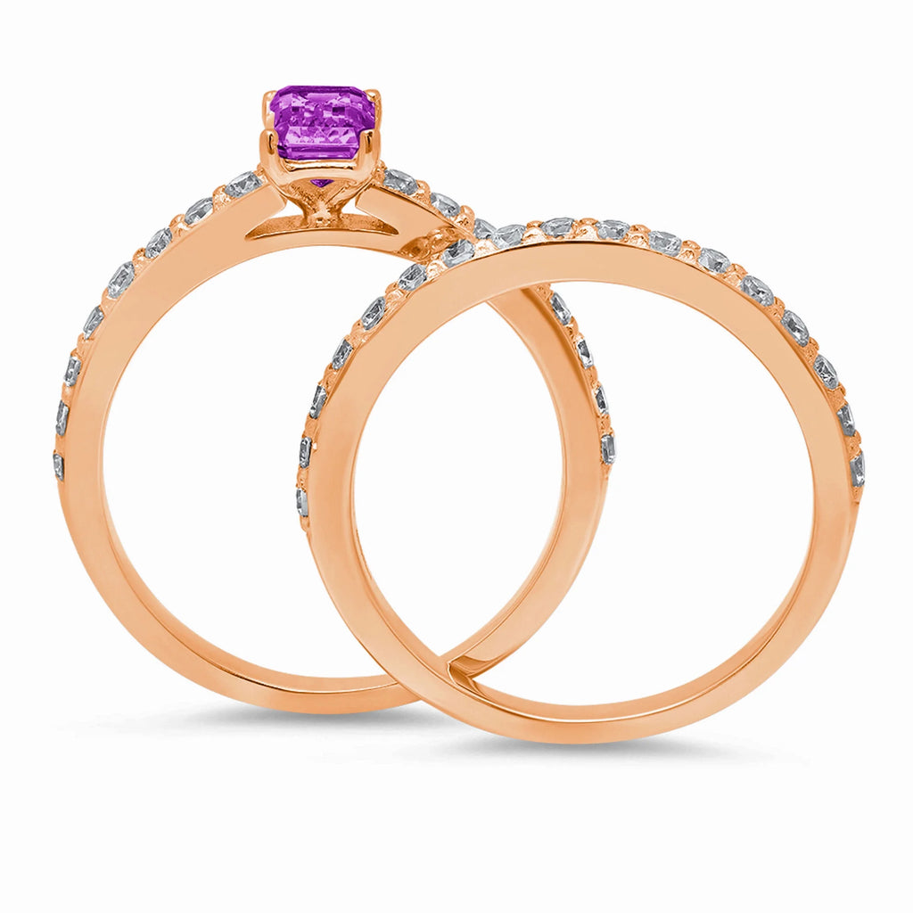 14k Rose Gold Simulated Alexandrite Solitaire Bridal Set SZ 6.75 T3405