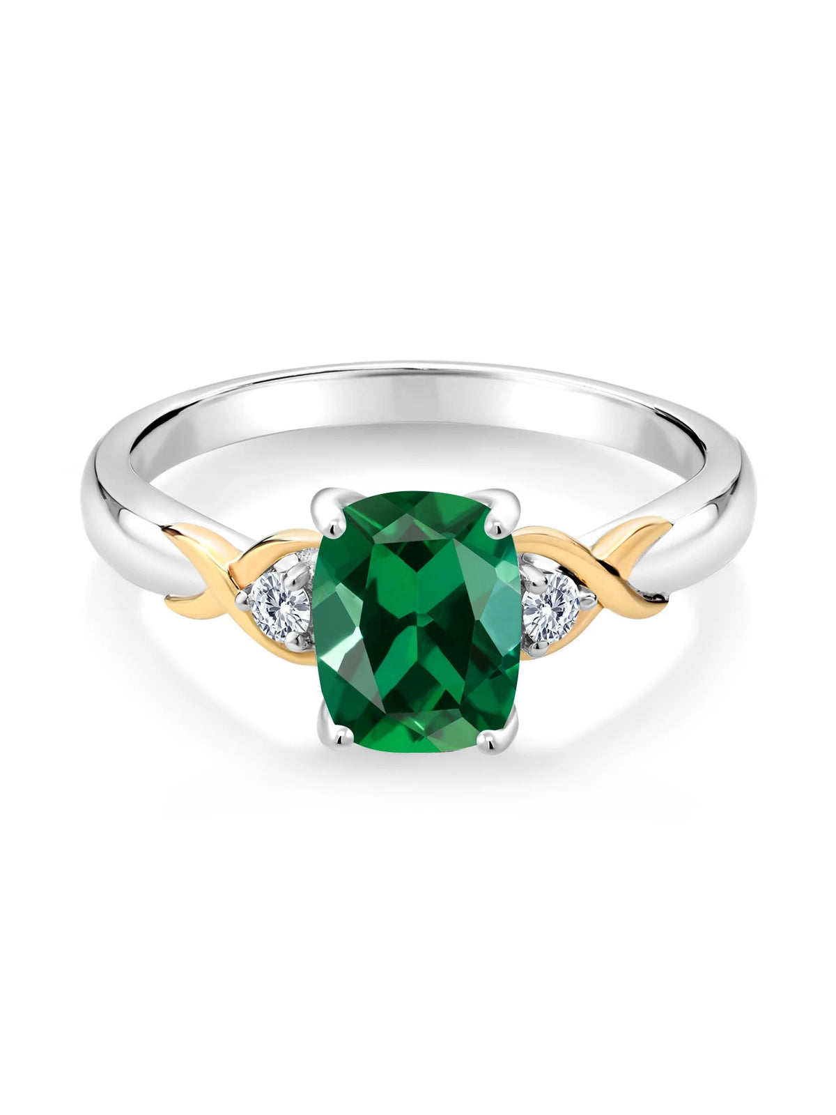 2 Tone 10K Yellow Gold and 925 Sterling Silver Green Created Emerald and White Lab Grown Diamond Engagement Ring T6289