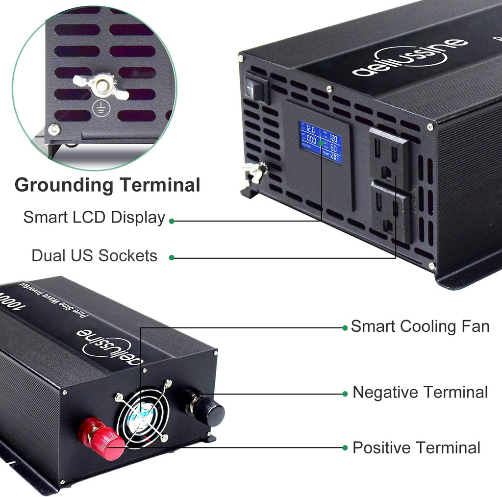 1000w Pure Sine Wave Power Inverter 48v DC to AC 110v 120v with 2 US Socket, LCD Display and Earth Terminal K7637