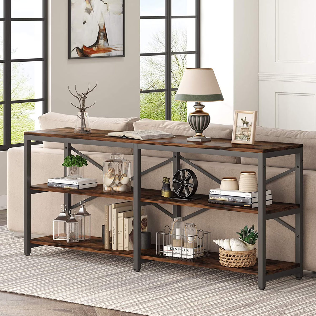 70.9" 3-Tier Industrial Console Sofa Table with Storage Shelves J36236