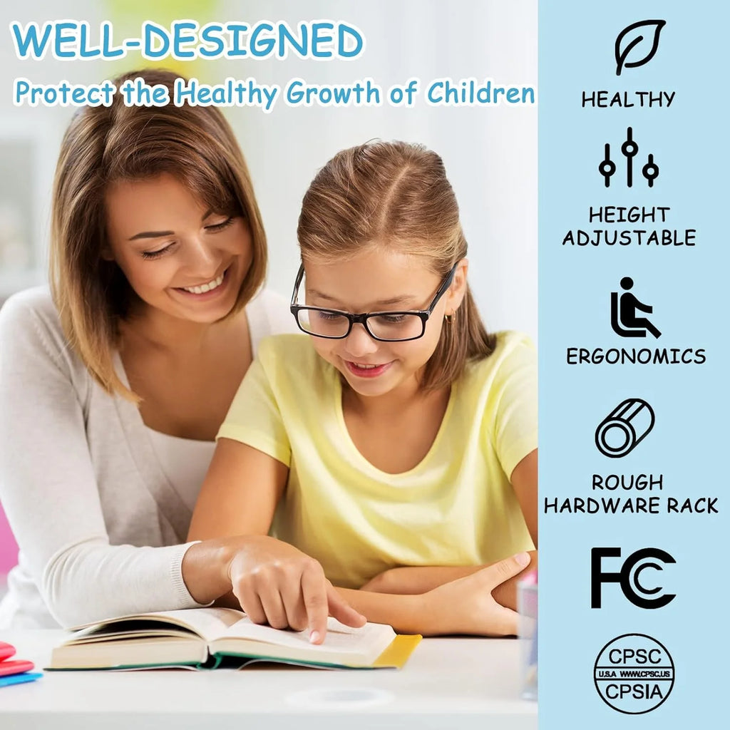 Kids Desk and Chair Set with Light, Height Adjustable Tiltable Desk W802244