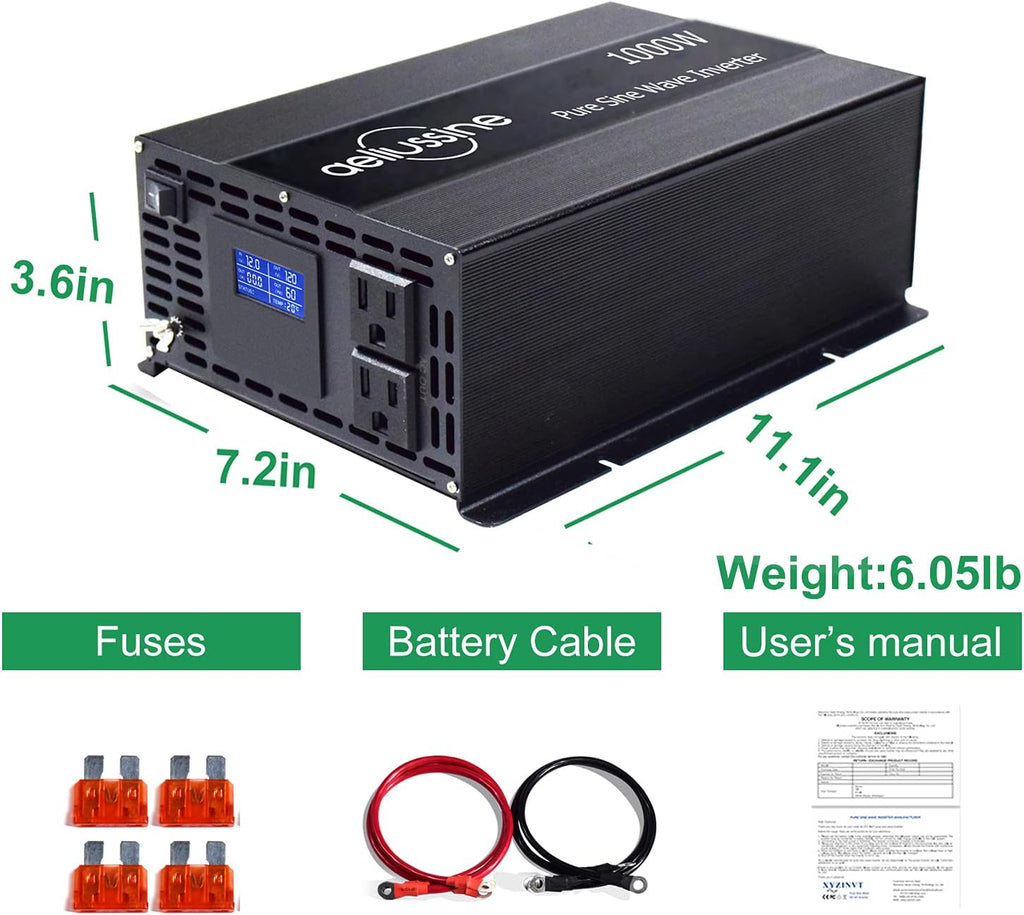 1000w Pure Sine Wave Power Inverter 48v DC to AC 110v 120v with 2 US Socket, LCD Display and Earth Terminal K7637