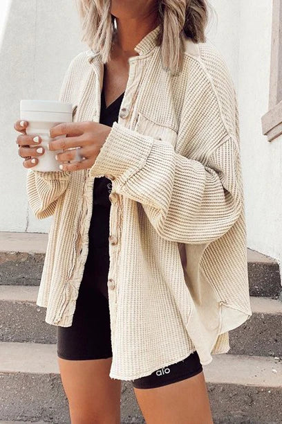 Solid Patchwork Turndown Collar Outerwear A58761