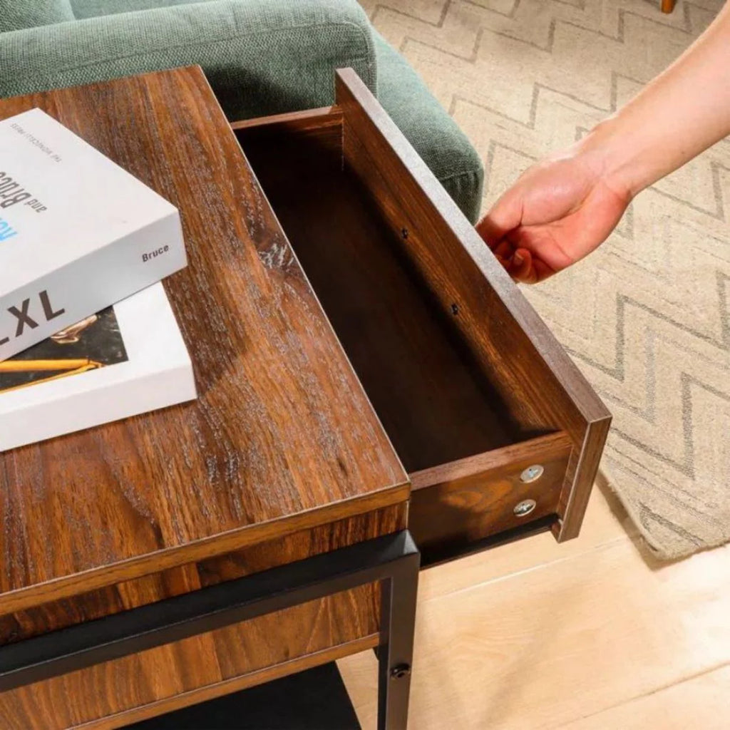Brown End Table with Storage Drawer and Cat Resting Seat U4177