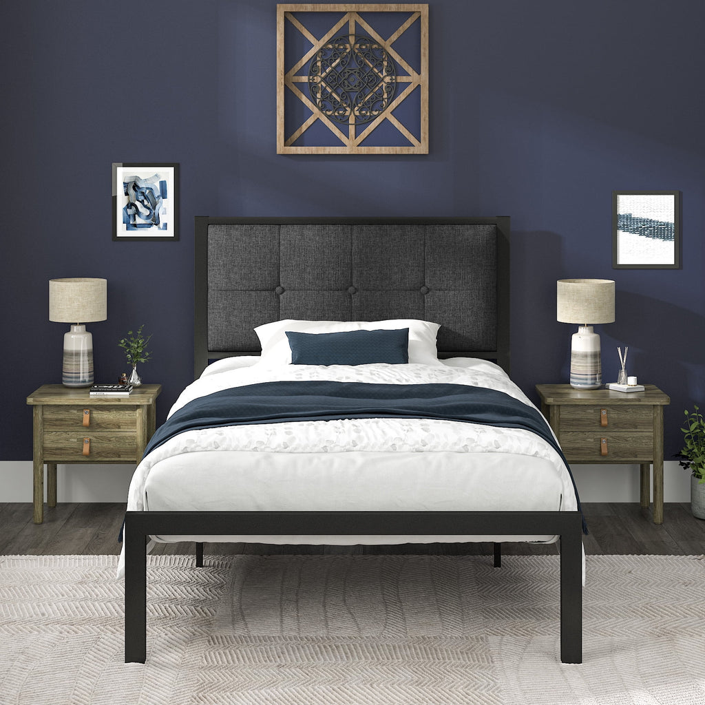 Twin Metal Platform Bed with Fabric Tufted Headboard and Under-Bed Storage K28467