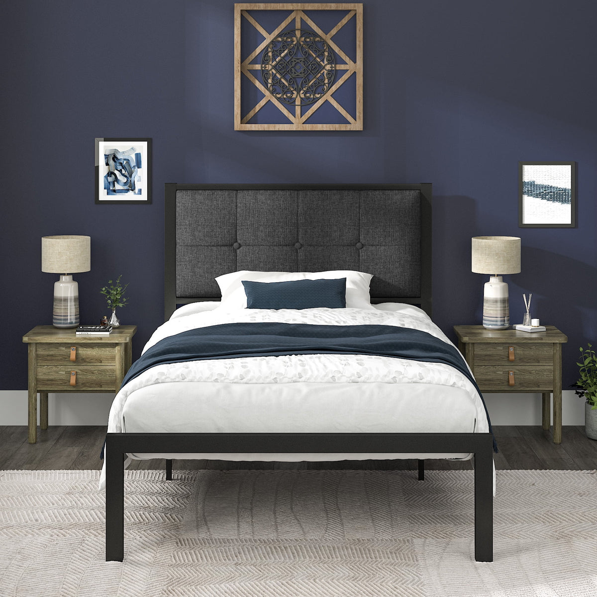 Twin Metal Platform Bed with Fabric Tufted Headboard and Under-Bed Storage K28467