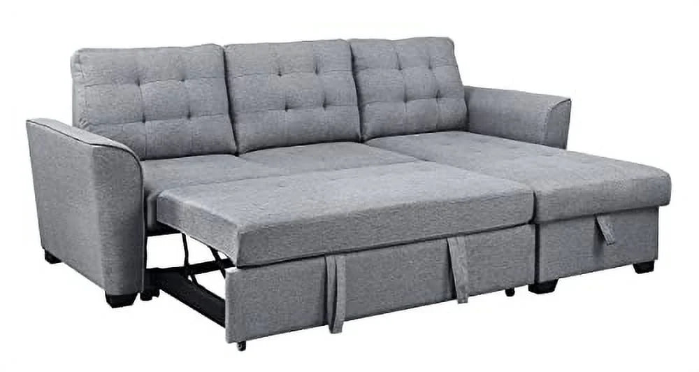 Light Gray Linen Sleeper Sectional Sofa with Storage Chaise D523605