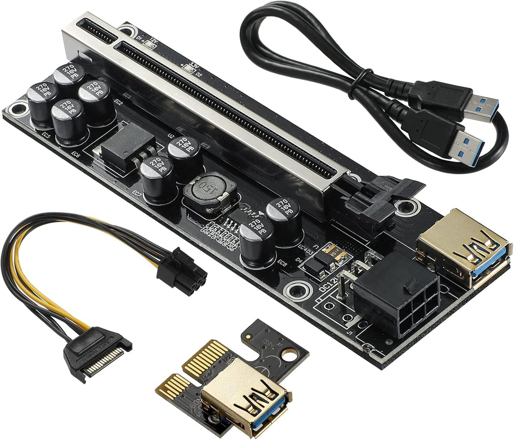 PCIE Riser 8 Solid Capacitors with 6PIN SATA Power Cable and 60cm USB 3.0 Cable, GPU Riser, PCIE Graphics Card Extension Cable, Pack of 2 H518