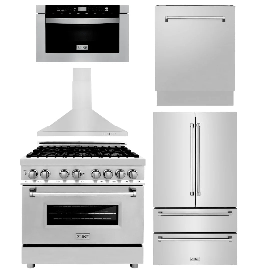 36 Range, Range Hood, Microwave, Dishwasher & Refrigerator Bundle Q598695