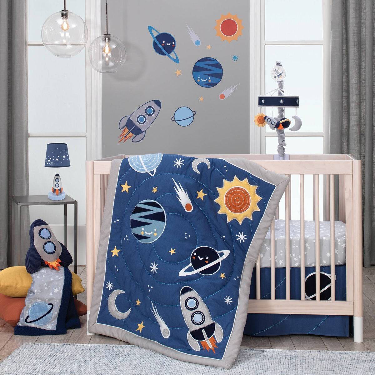 Blue/Navy/Gray Space Musical Baby Crib Mobile I854