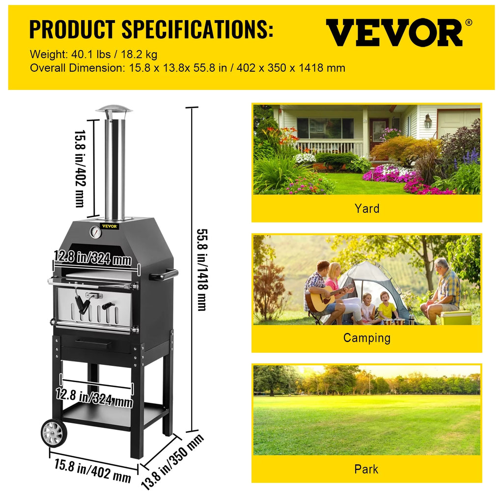 12 Wood Fire Outdoor Pizza Oven with 2 Removable Wheels U9858