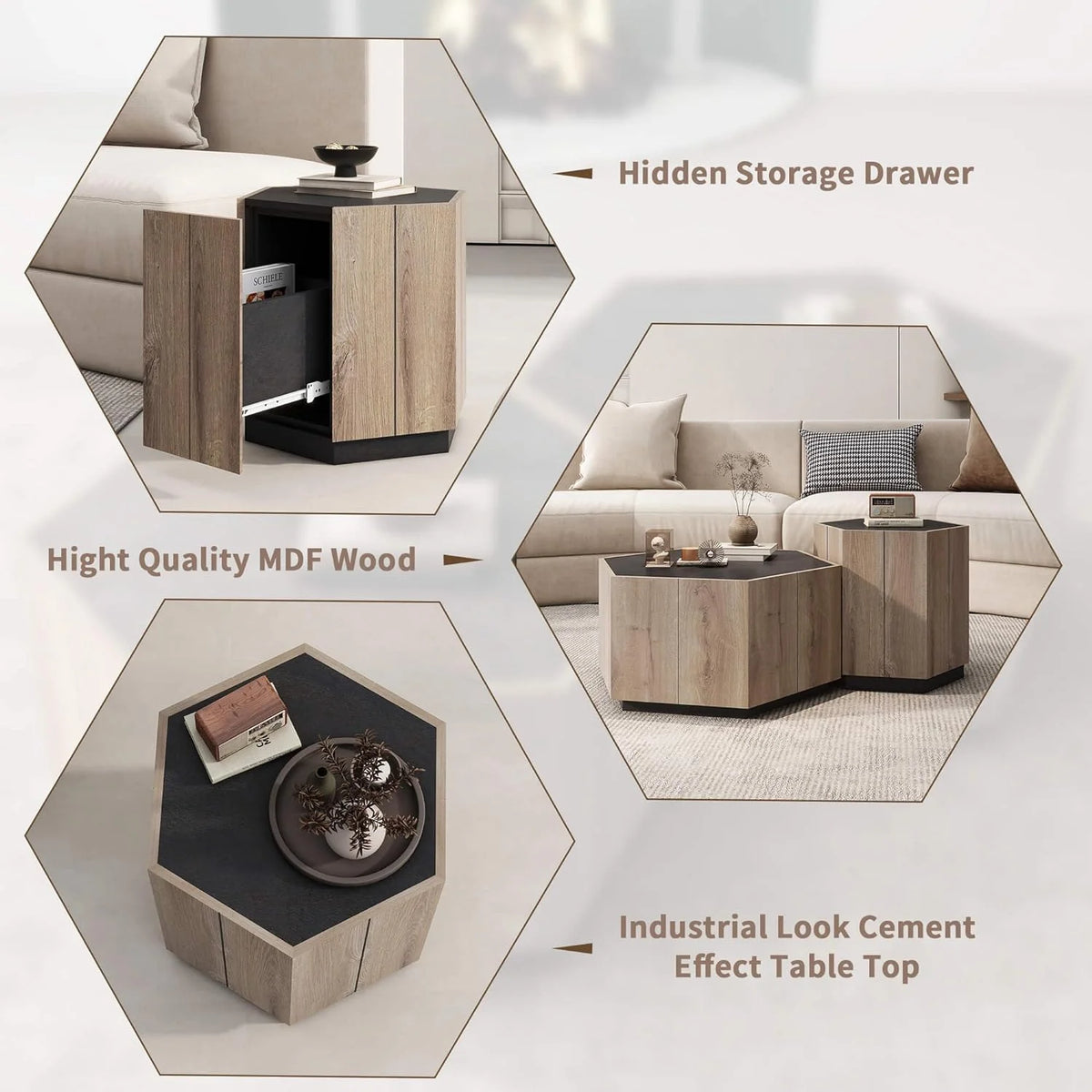 Hexagonal End Table with Drawer V12204