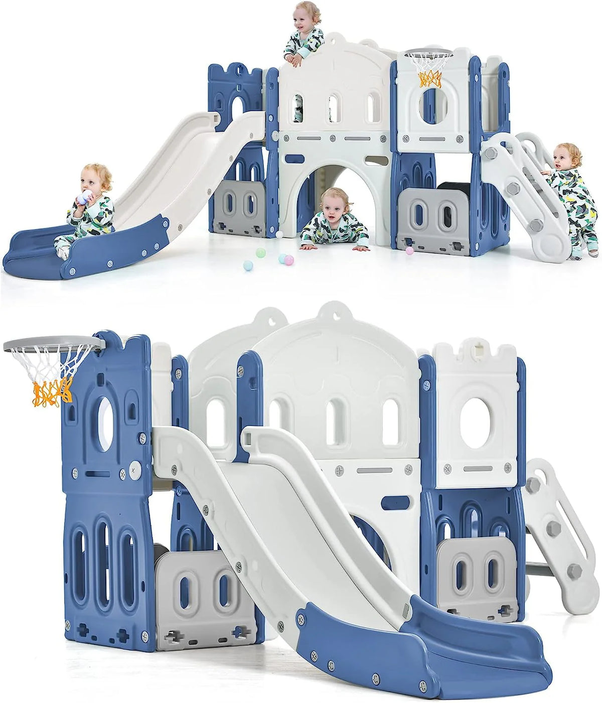 Kids 6-in-1 Slide with Climber, Basketball Hoop, Tunnel and Storage Space, HDPE, Blue S702798